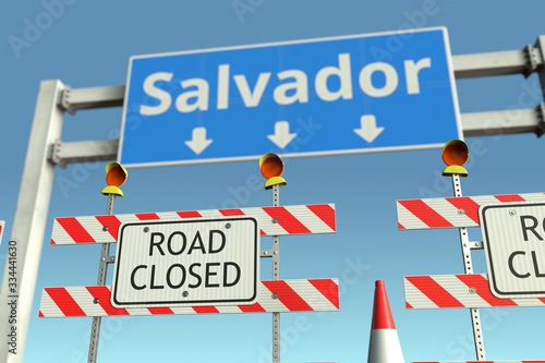 Roadblocks near Salvador city traffic sign. Quarantine or lockdown in Brazil conceptual 3D rendering © Alexey Novikov