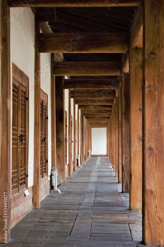 Wooden corridor of Seonggyungwan Munmyo temple of Confucius  Seoul  Korea