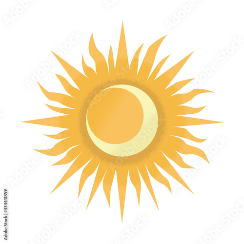 Vector illustration of  sun with long steam and half moon inside in semi flat style. Graphic concept of old medieval symbol. Ancient occult  concept. Сrescent and sol alchemy icon. Vintage, boho sign.