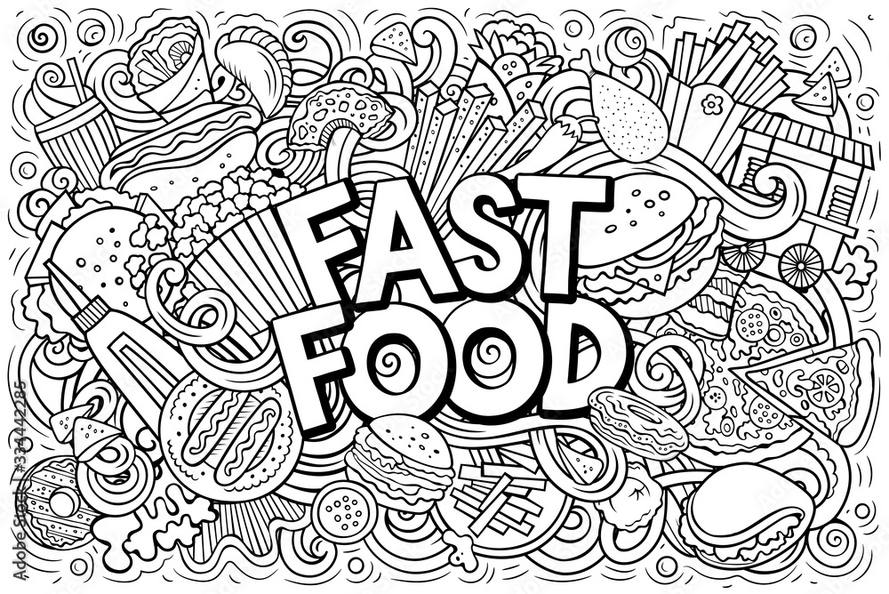 Fastfood hand drawn cartoon doodles illustration. Colorful vector banner