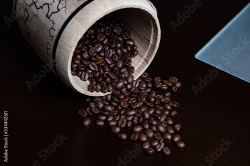 Coffee beans in blywood barrel