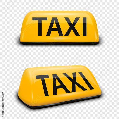 Vector 3d Realistic Yellow French Taxi Sign Icon Set Closeup Isolated on Transparent Background. Design template for Taxi Service, Mockup. Front and Side View