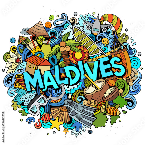 Maldives hand drawn cartoon doodles illustration. Funny travel design.