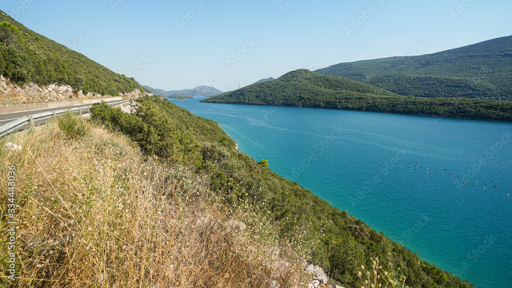 The road from Split to Dubrovnik, on the right is the Gulf of the Adriatic Sea and the Peljesac Peninsula