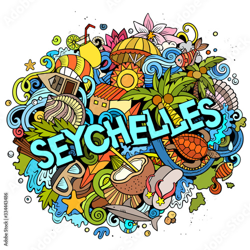 Seychelles hand drawn cartoon doodles illustration. Funny travel design.