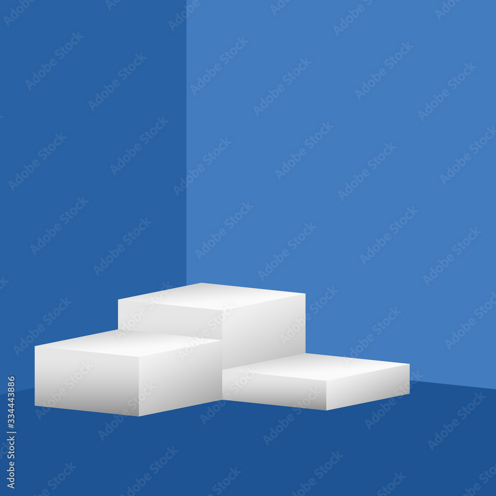 Rectangular boxes for demonstration, blue wall and floor, white podium stand, vector illustration Rectangular boxes for demonstration, blue wall and floor, white podium stand, vector illustration