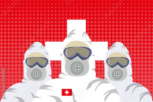 Illustration vector graphic of image health workers in protective hazmat suit isolated on Switzerland flag background. Vector illustration of white hazmat. Safety virus infection concept. covid-19.