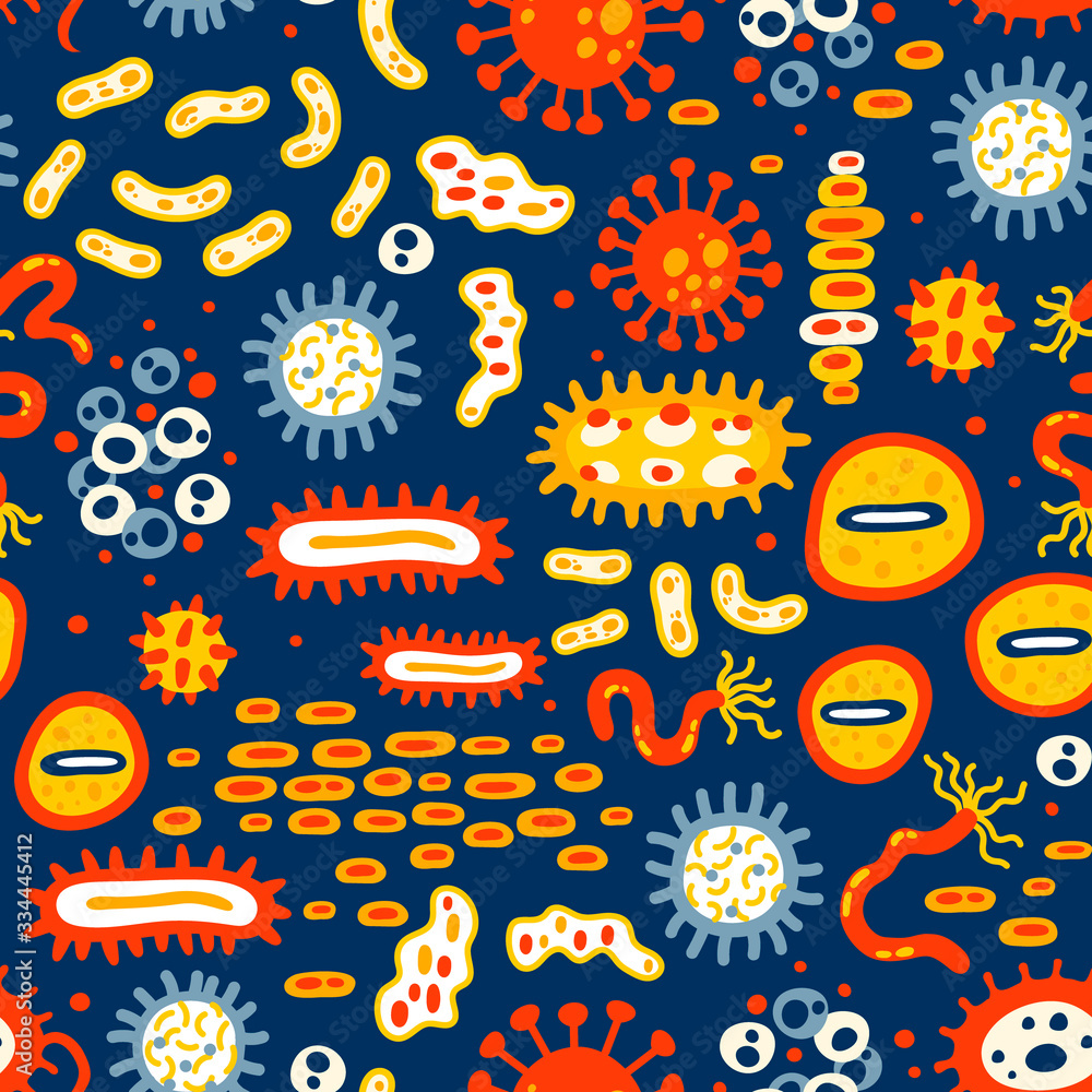 Fototapeta Seamless pattern with different kinds of microorganisms on white background. Viruses. Bacteria biology organisms seamless pattern.