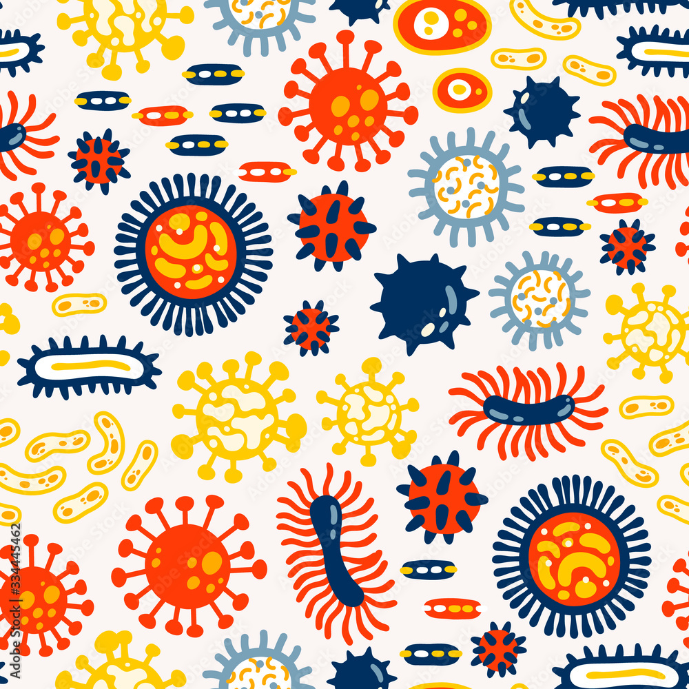 Seamless pattern with different kinds of microorganisms on white background. Viruses. Bacteria biology organisms seamless pattern.
