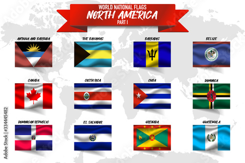 Set of realistic official world national flags, waving edition. isolated on map background. Object, icon and symbol for design. North America Collection. Belize, Bahamas, Cuba, Grenada