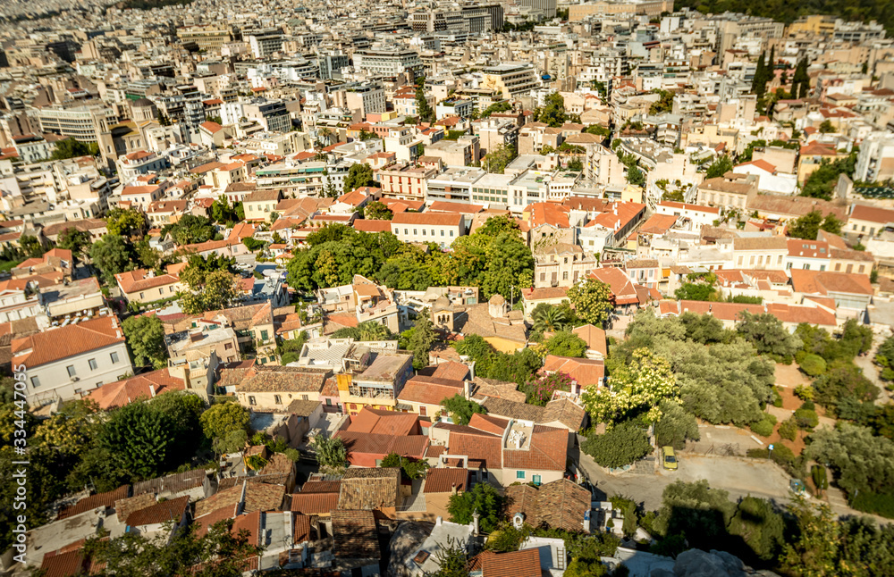 Athens / Central Greece / Greece / 08 09 2019: Lanscape view of the Plaka as viewed from the Acropolis in summer