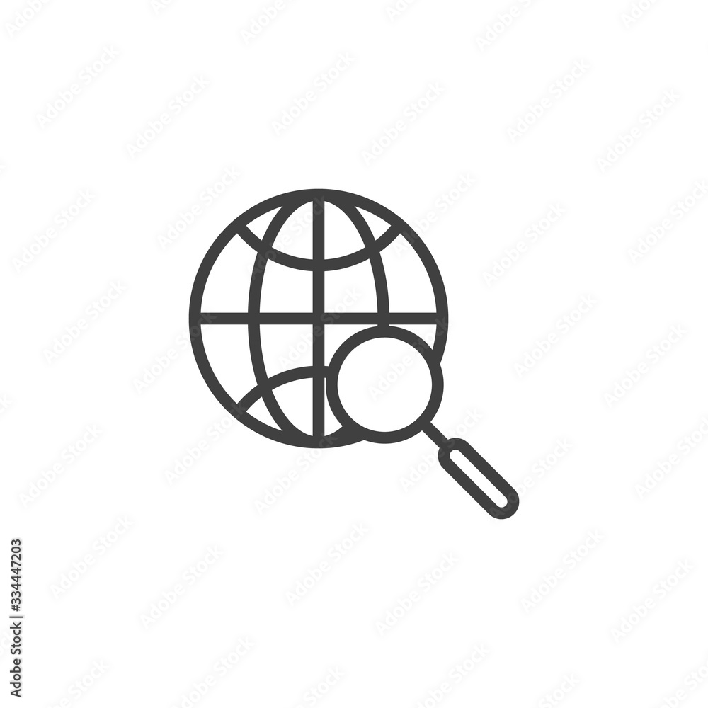 Global search line icon. Geography research linear style sign for mobile concept and web design. Globe and magnifying glass outline vector icon. Symbol, logo illustration. Vector graphics Global search line icon. Geography research linear style sign for mobile concept and web design. Globe and magnifying glass outline vector icon. Symbol, logo illustration. Vector graphics