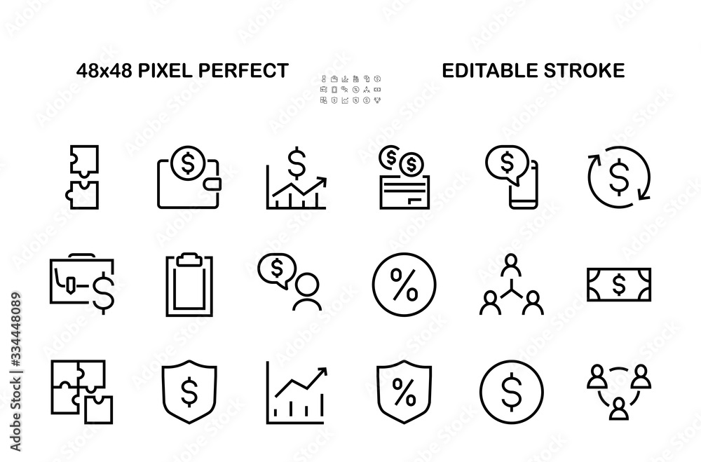 Set of business vector line icons. It contains user symbols, dollar pictograms, gears, briefcase, puzzles, envelope, percentage, messages, schedule, and more. Editable Bar 460x460 pixels. Set of business vector line icons. It contains user symbols, dollar pictograms, gears, briefcase, puzzles, envelope, percentage, messages, schedule, and more. Editable Bar 460x460 pixels.