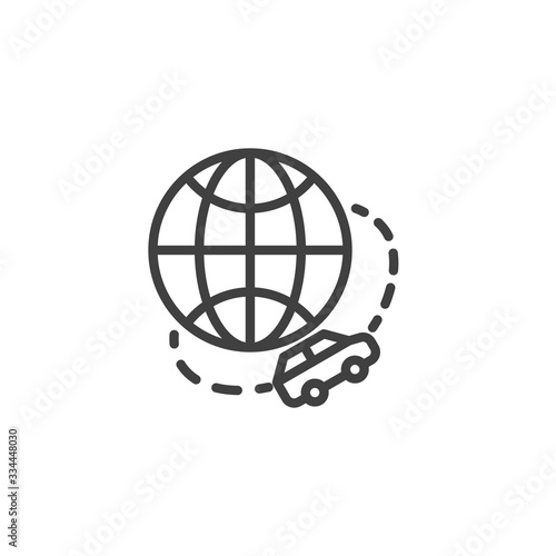 Travel around the world by car line icon. linear style sign for mobile concept and web design. Globe and vehicle outline vector icon. Symbol, logo illustration. Vector graphics