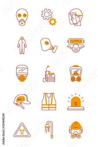 security masks and safety elements icon set, half line half color style