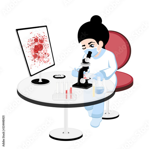 Scientist doing research to create a vaccine in the laboratory. Medical equipment for analysis, health diagnostic, test-tubes with plasma and red blood cells. Vector EPS 10