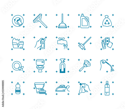 detergent bottle and cleaning tools icon set, line style