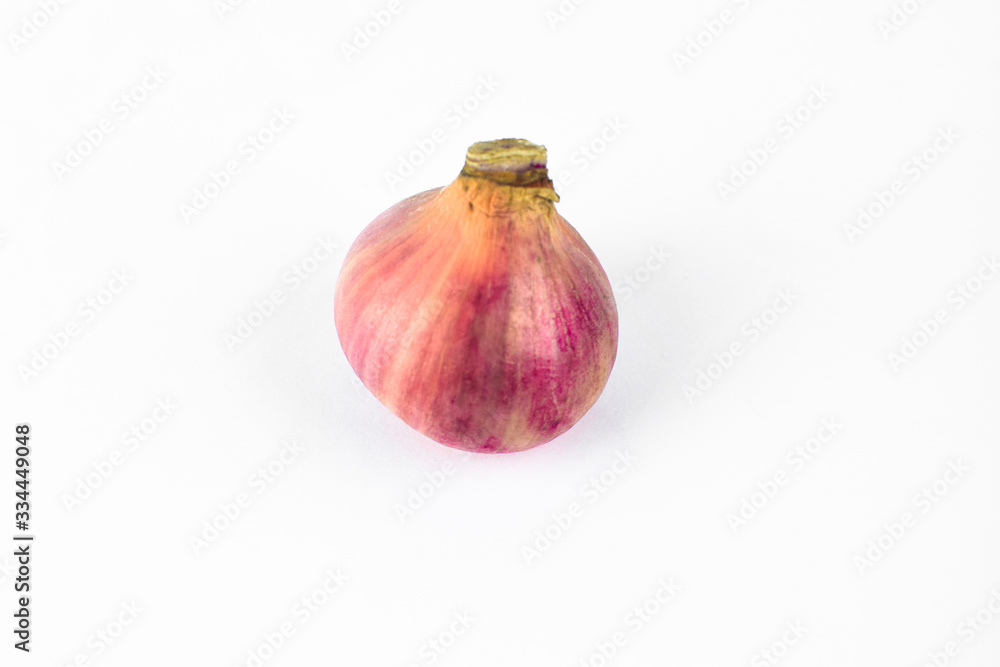 Portrait of a red colored medium sized fresh unpeeled onion on a white background
