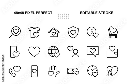  The set of icons about love contains such icons as love of music, declaration of love, heart, favorite home, Linear set. Vector on a white background. Editable stroke. 480x480