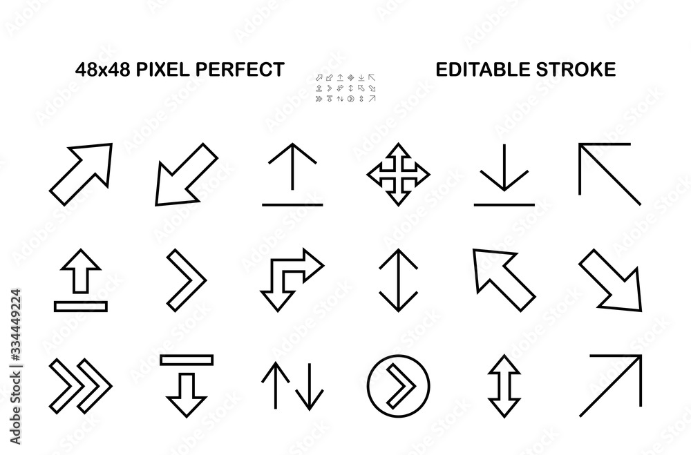 Set of line arrows, directions, arrows, contains icons such as pause, continuation, directly, to the right, Editable stroke. 480x480, On a white background, Vector illustration Set of line arrows, directions, arrows, contains icons such as pause, continuation, directly, to the right, Editable stroke. 480x480, On a white background, Vector illustration