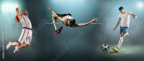 Collage of sports shoots of soccer, football, basketball and athletic. All athletes in dynamic action.
