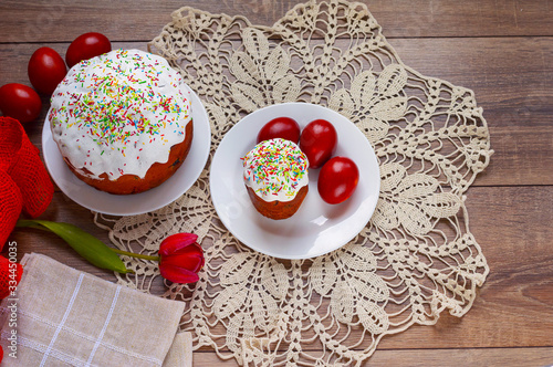 Easter cake and painted eggs on a table. Traditional orthodox christian easter food