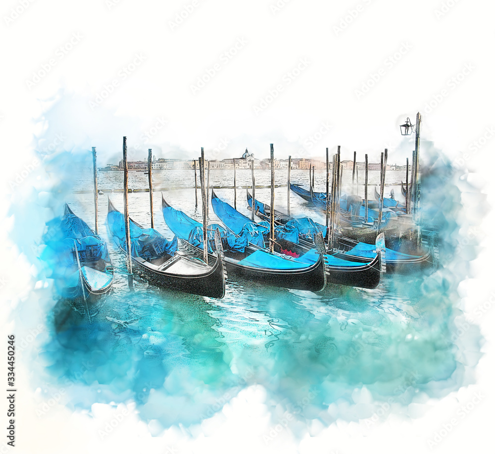 Venice, Italy - watercolor illustration. Beautiful gondolas on the canal near St. Mark Square are famous Italian landmark. Bright picturesque picture of traditional old Venetian boats. 
