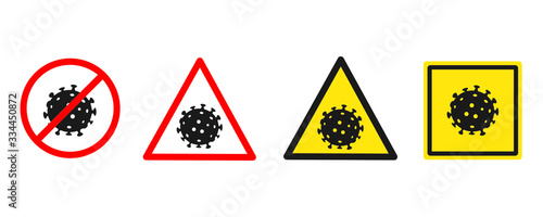 Coronavirus (Covid-19) dangereous sign board types. Warning sign boards set vector illustration design for no entry areas. photo