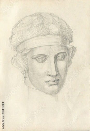 Educational drawing gypsum head portrait Diadumen. Lead pencil on paper