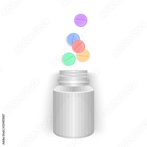 Multi colored Pills and white jar isolated on white background, vector eps 10 format