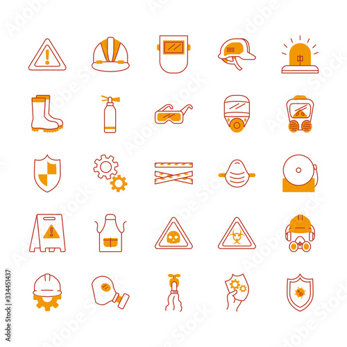 warning signs and industrial security icon set, half line half color style