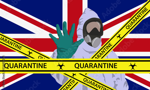 Illustration vector graphic of image man wearing hazmat suits to prevent Coronavirus and diseases on United Kingdom flag background. Vector of yellow quarantine tape. Concept of covid-19 quarantine.
