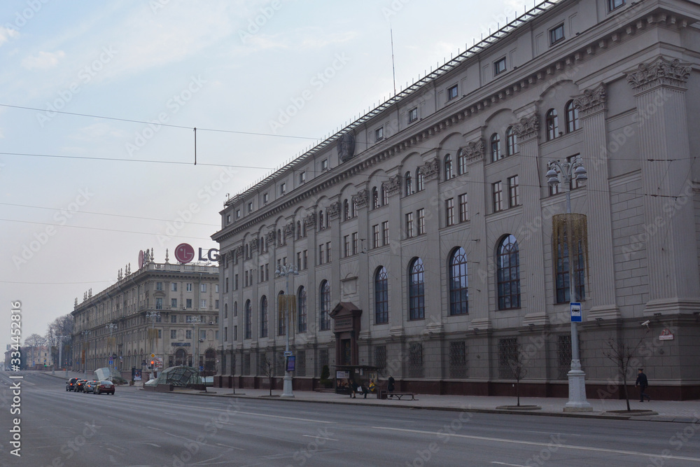 MINSK, BELARUS -  March 29, 2020: Stalinist architecture on the avenue Independence Avenue(Praspiekt Niezalieznasci) . 