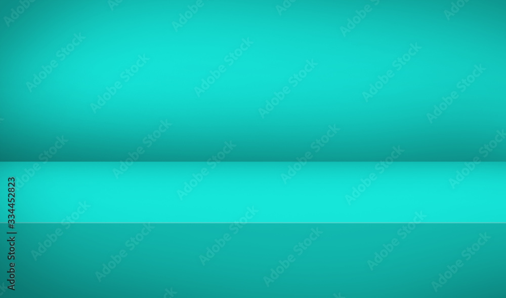 Empty turquoise color studio table room background, banner for advertise product, product display with copy space for display of content design. Banner for advertise product on website. 