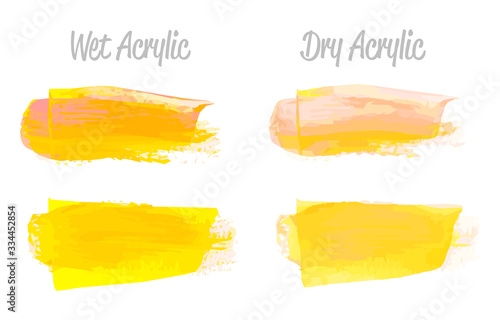 Vector yellow paint smear stroke stain set. Abstract acrylic textured art illustration. Acrilyc Texture Paint Stain Illustration. Hand drawn brush strokes vector elements. Acrilyc strokes.