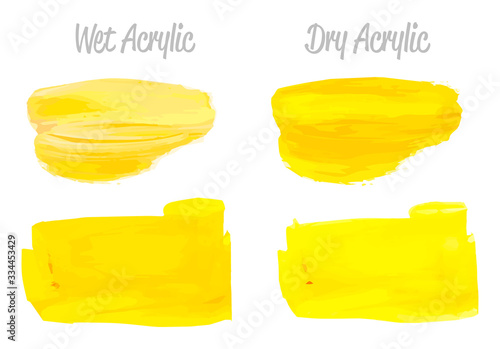 Vector yellow paint smear stroke stain set. Abstract acrylic textured art illustration. Acrilyc Texture Paint Stain Illustration. Hand drawn brush strokes vector elements. Acrilyc strokes.