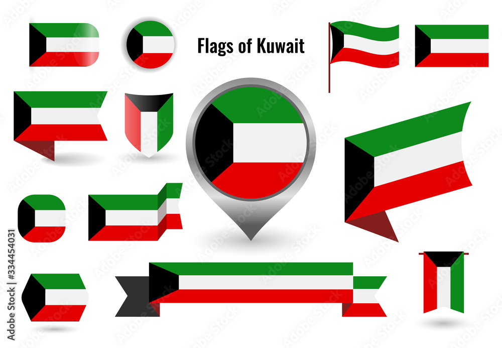 A large set of icons and signs with the flag of the Kuwait. Square and round Kuwait flag. Collection of different types of horizontal and vertical. A large set of icons and signs with the flag of the Kuwait. Square and round Kuwait flag. Collection of different types of horizontal and vertical.