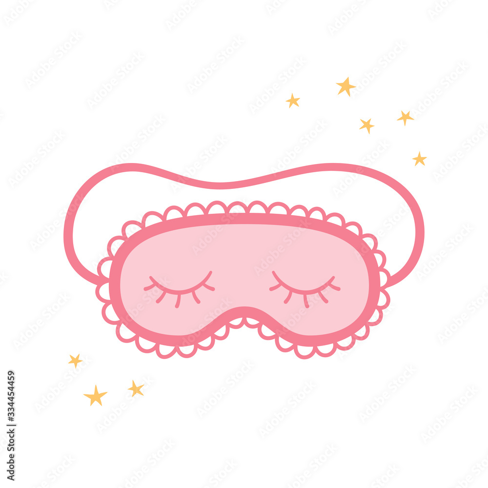 Pink Sleep mask for eyes among the stars. Night accessory to sleep, travel and recreation. A symbol of pajama party. Isolated vector illustration on white background Pink Sleep mask for eyes among the stars. Night accessory to sleep, travel and recreation. A symbol of pajama party. Isolated vector illustration on white background