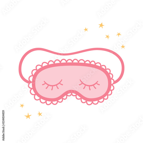 Pink Sleep mask for eyes among the stars. Night accessory to sleep, travel and recreation. A symbol of pajama party. Isolated vector illustration on white background
