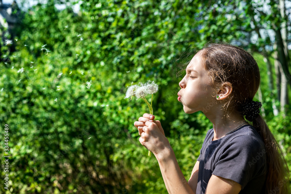 Beautiful young girl in the park blowing on dandelion in summer time on a background of green grass Beautiful young girl in the park blowing on dandelion in summer time on a background of green grass