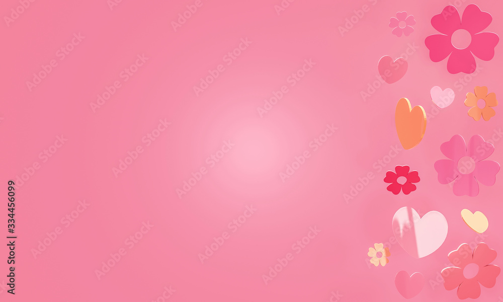 Pink background with a light glow in the middle and a 3D rendering of shiny hearts and flowers in shades of pink and yellow and twisted in all directions. Great for mother's day with copy space.