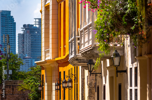 Cartagena de Indias Architecture. View of the colonial buildings and architecture of the Old city (Old town), the heart and core of the history of Cartagena de Indias, Colombia.