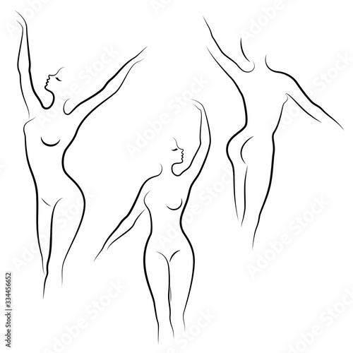 Collection. Silhouettes of lovely ladies. Beautiful girls in different poses. The figures of women are naked, feminine and slender. Set of vector illustrations