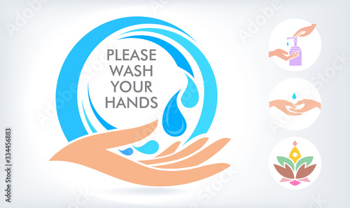 Drops of water falling on the fingers. A bottle of liquid soap squeezed on the palm of the hand.