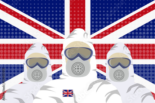 Illustration vector graphic of image health workers in protective hazmat suit isolated on United Kingdom flag background. Safety virus infection concept. Concept of covid-19 quarantine. vector EPS10.