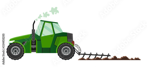 Green farm tractor cultivates the land. Heavy agricultural machinery for field work transport for farm in flat style. Farm tractor icon. Isolated flat style, vector illustration