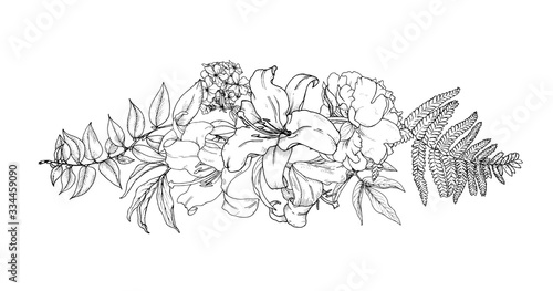 Horizontal composition of garden flowers, lilies, peonies and Phlox with fern leaves, monochrome vector illustration