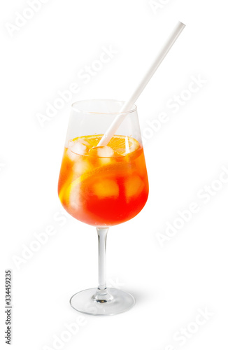 red spritz cocktail with straw isolated on white background
