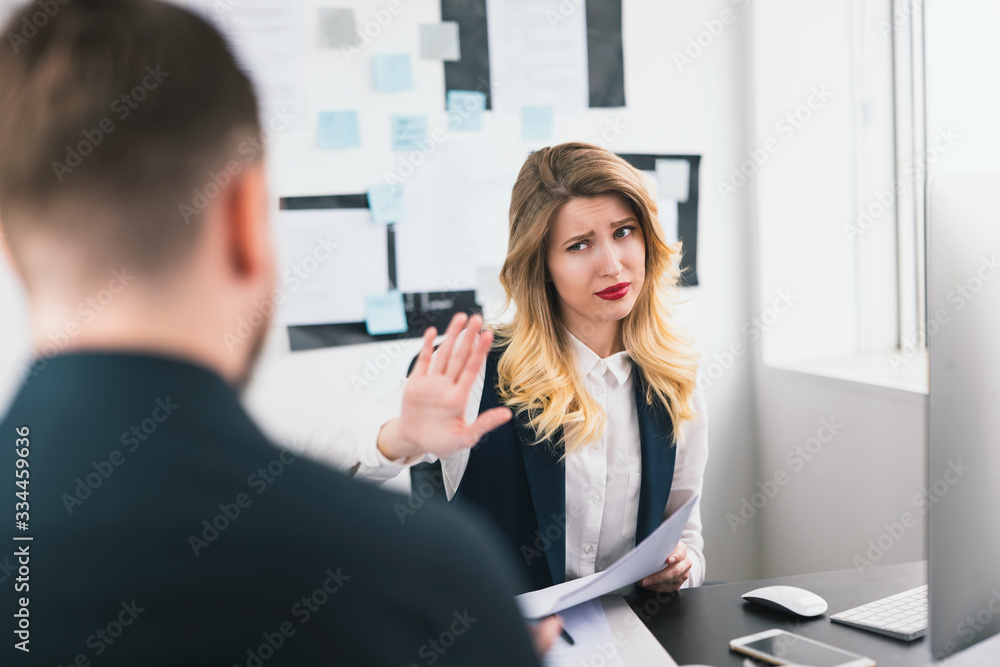 young woman hr manager refuses to candidate during interview in her modern bright office, , multitasking, employment concept young woman hr manager refuses to candidate during interview in her modern bright office, , multitasking, employment concept