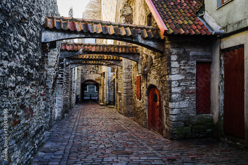 View to empty St. Catherine's Passage in Tallinn, Estonia